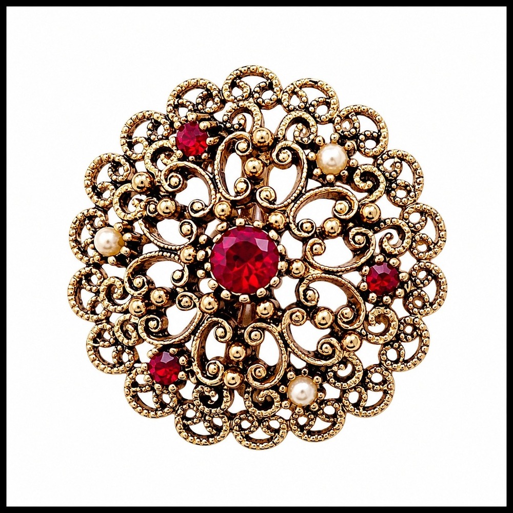 Vintage JJ Jonete Round Pin‎ Brooch Red Crystal Faux Mini Pearl Jewelry Scarf